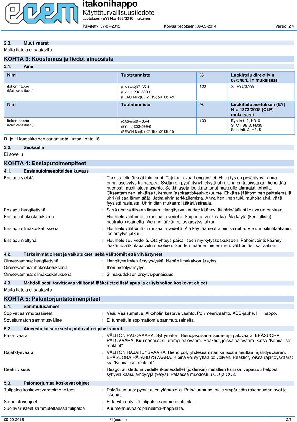 Tuotetunniste % Luokittelu asetuksen (EY) N:o 1272/2008 [CLP] mukaisesti itakonihappo (Main constituent) R- ja H-lausekkeiden sanamuoto: katso kohta 16 (CAS-nro)97-65-4 (EY-nro)202-599-6