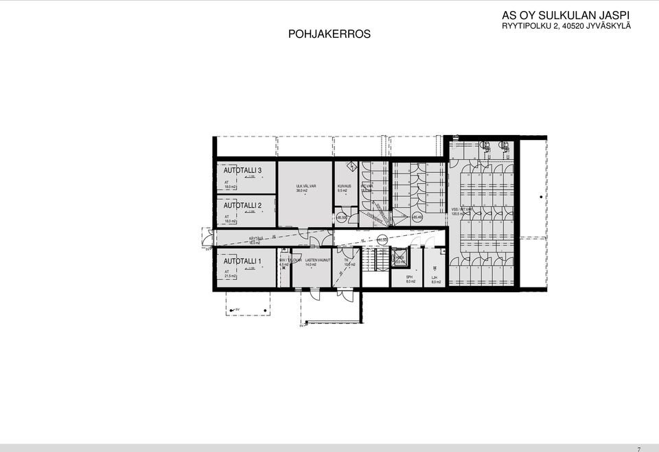 VAR 120,5 m2 20 21 22 23 24 17 10 11 12 13 14 16 15 KÄYTÄVÄ 18,0 m2 +85,500 SV AUTOTAI 1 AT 21,5 m2 1:100 SIIV / TAOVAR 4,5 m2 ASTEN