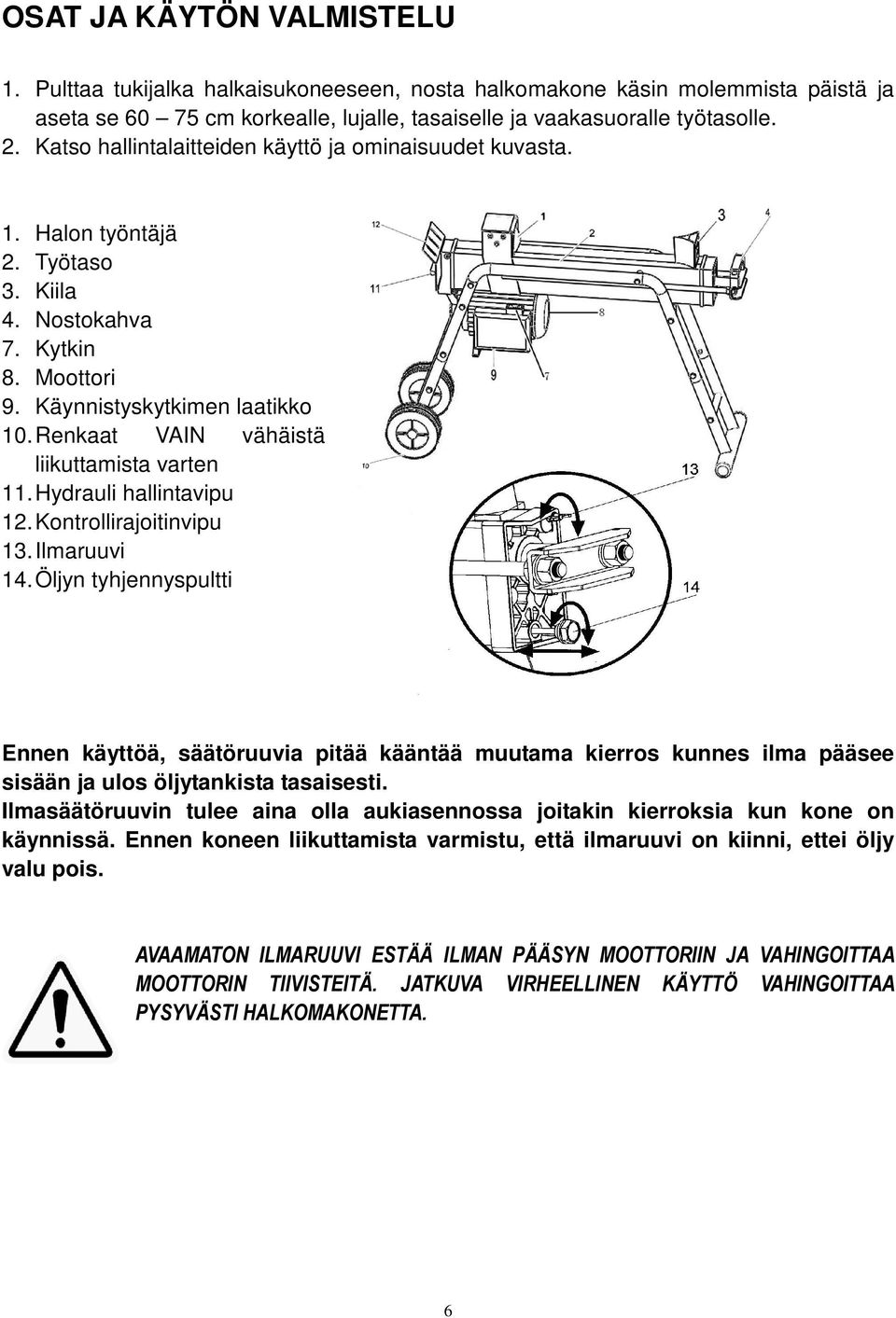 Renkaat VAIN vähäistä liikuttamista varten 11. Hydrauli hallintavipu 12. Kontrollirajoitinvipu 13. Ilmaruuvi 14.