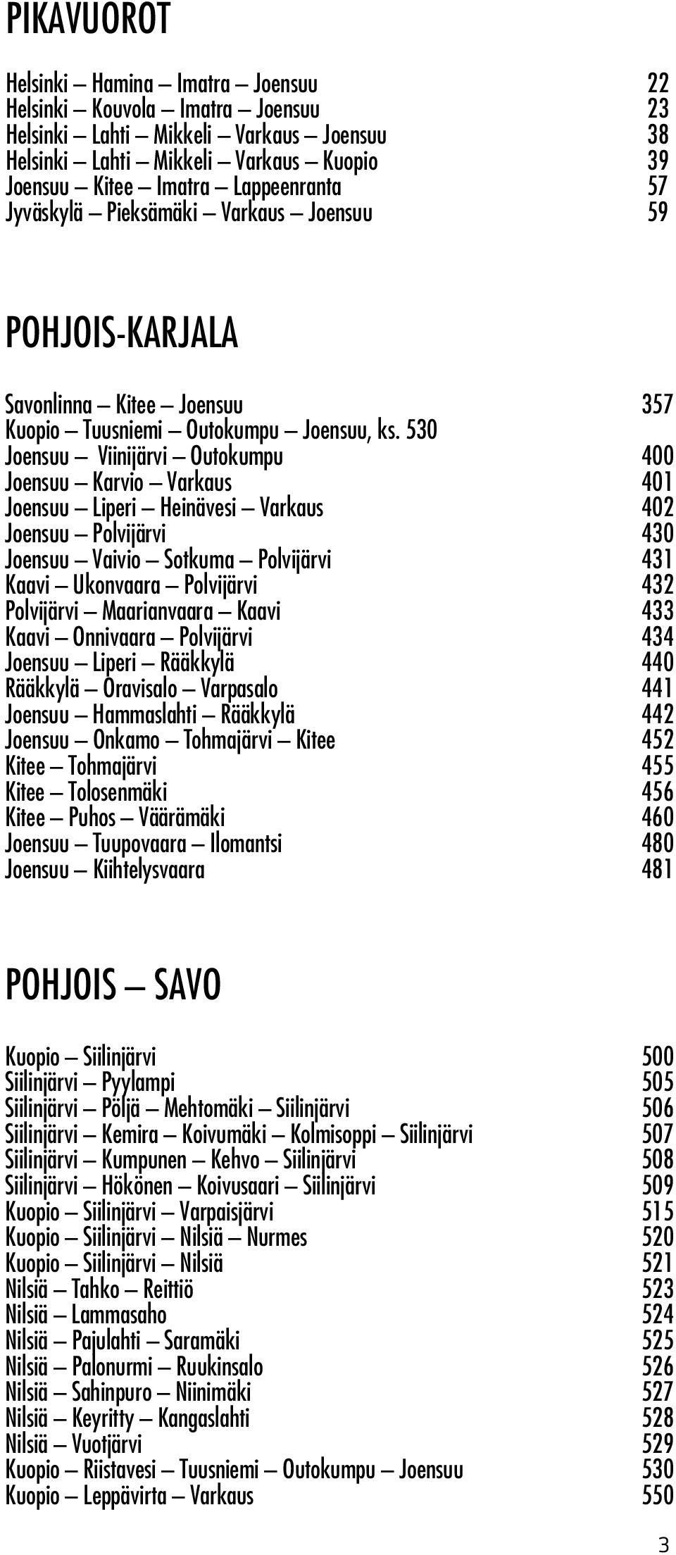 530 Joensuu Viinijärvi Outokumpu 400 Joensuu Karvio Varkaus 401 Joensuu Liperi Heinävesi Varkaus 402 Joensuu Polvijärvi 430 Joensuu Vaivio Sotkuma Polvijärvi 431 Kaavi Ukonvaara Polvijärvi 432