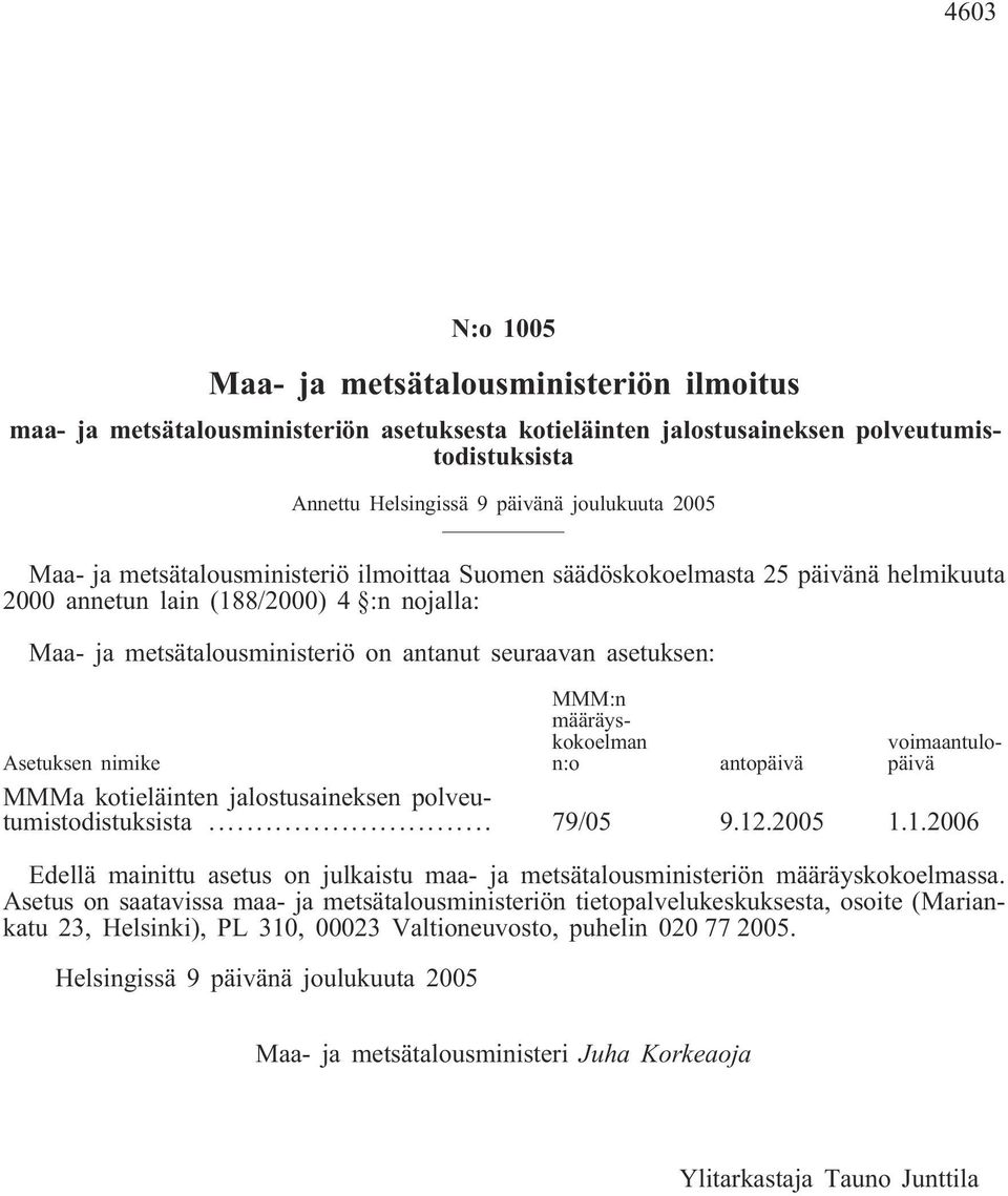 määräyskokoelman n:o voimaantulopäivä Asetuksen nimike antopäivä MMMa kotieläinten jalostusaineksen polveutumistodistuksista... 79/05 9.12