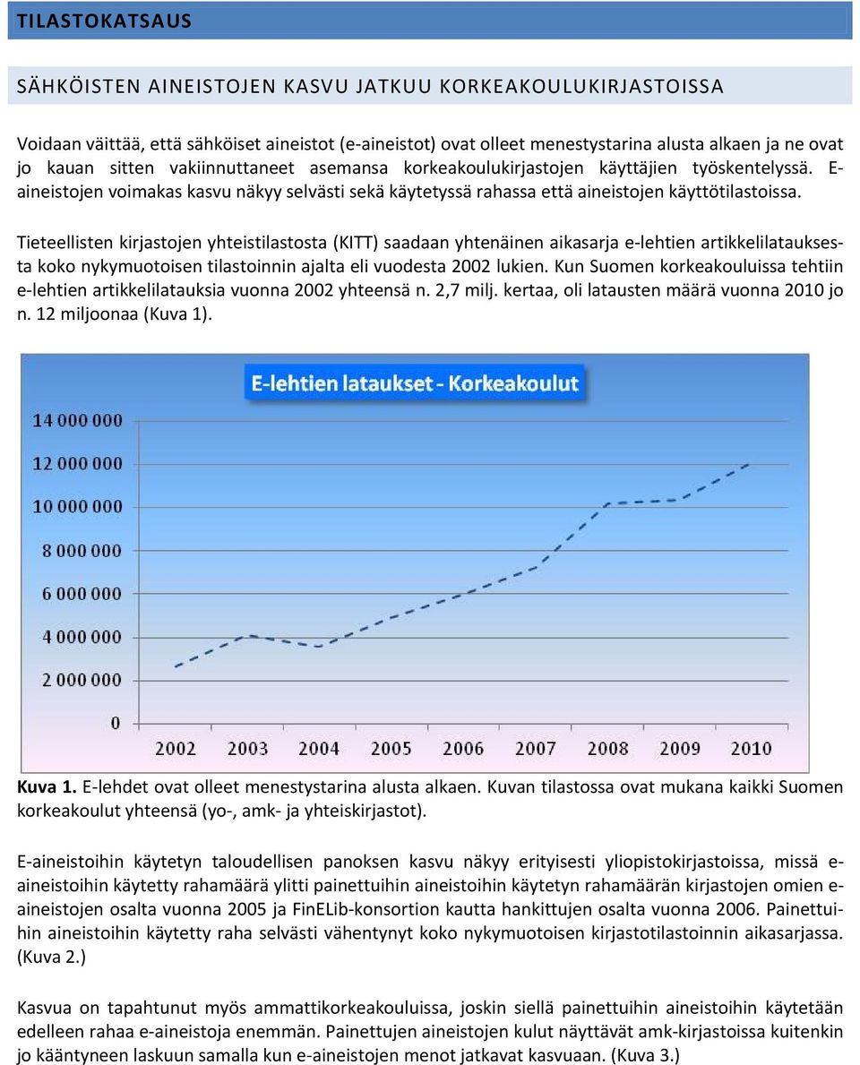 Tieteellisten kirjastojen yhteistilastosta (KITT) saadaan yhtenäinen aikasarja e-lehtien artikkelilatauksesta koko nykymuotoisen tilastoinnin ajalta eli vuodesta 2002 lukien.