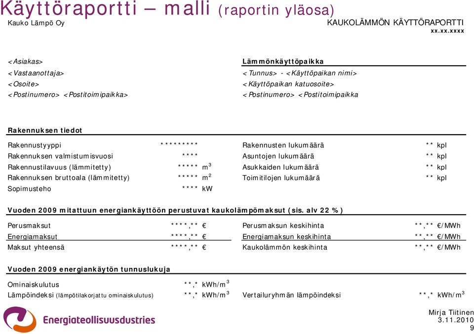 tiedot Rakennustyyppi ********* Rakennusten lukumäärä ** kpl Rakennuksen valmistumisvuosi **** Asuntojen lukumäärä ** kpl Rakennustilavuus (lämmitetty) ***** m 3 Asukkaiden lukumäärä ** kpl