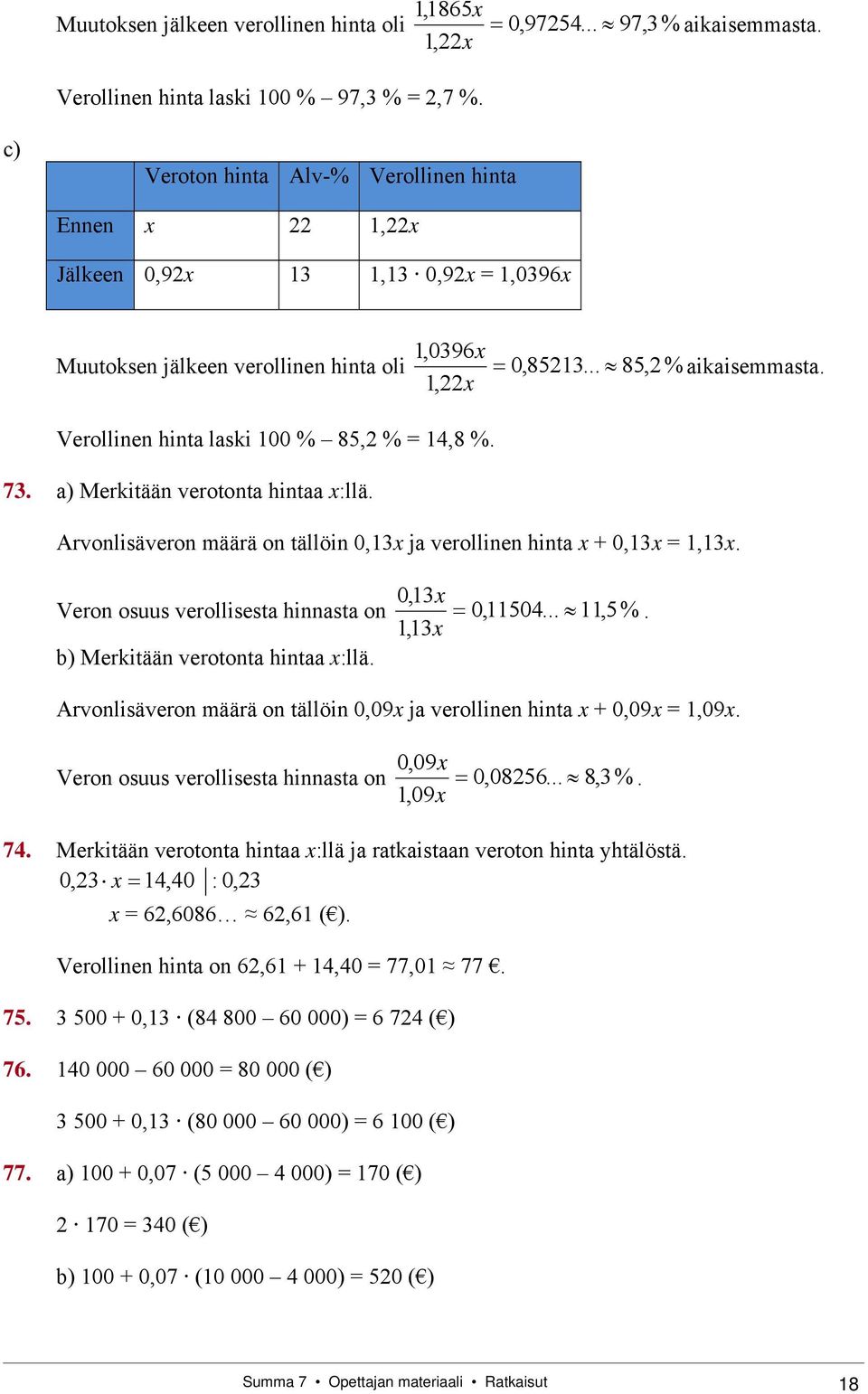 1,22x Verollinen hinta laski 100 % 85,2 % = 14,8 %. 73. a) Merkitään verotonta hintaa x:llä. Arvonlisäveron määrä on tällöin 0,13x ja verollinen hinta x + 0,13x = 1,13x.