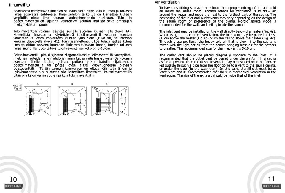 Tulo- ja poistoilmaventtiilien sijainnit vaihtelevat saunan mallista sekä omistajan mieltymyksistä riippuen. Tuloilmaventtiili voidaan asentaa seinälle suoraan kiukaan alle (kuva 4A).