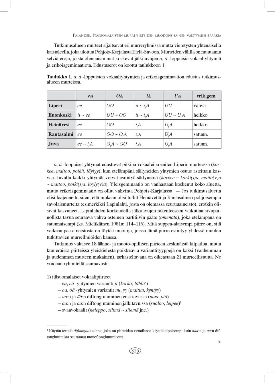 Edustuserot on koottu taulukkoon 1. Taulukko 1. a, ä -loppuisten vokaaliyhtymien ja erikoisgemi