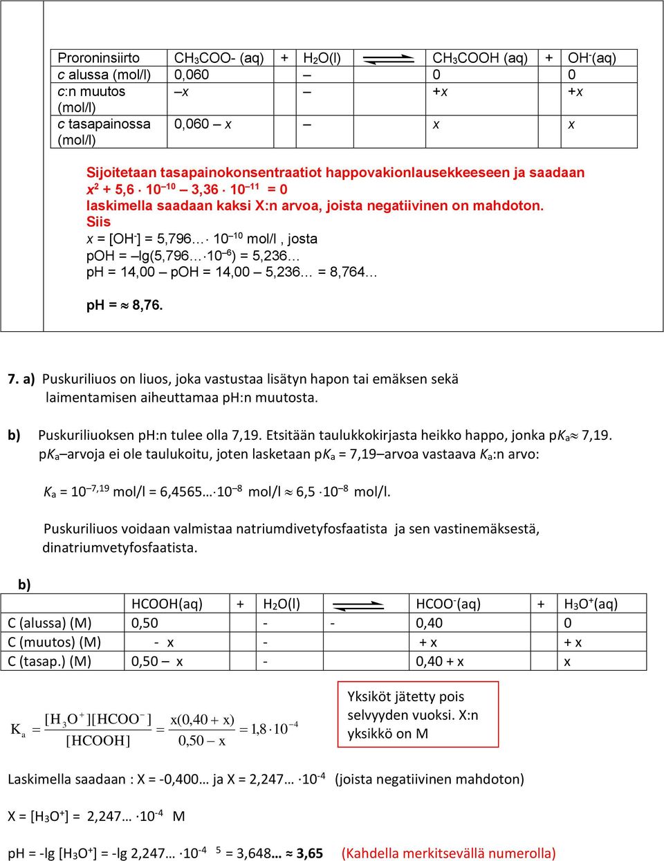 Siis x = [OH - ] = 5,796 10 10 mol/l, josta poh = lg(5,796 10 6 ) = 5,6 ph = 14,00 poh = 14,00 5,6 = 8,764 ph = 8,76. 7.