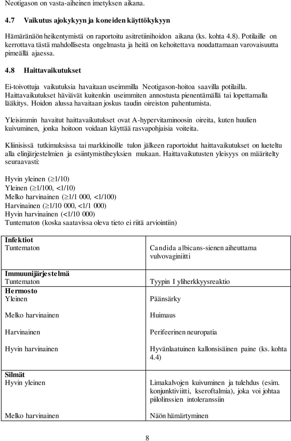 8 Haittavaikutukset Ei-toivottuja vaikutuksia havaitaan useimmilla Neotigason-hoitoa saavilla potilailla.