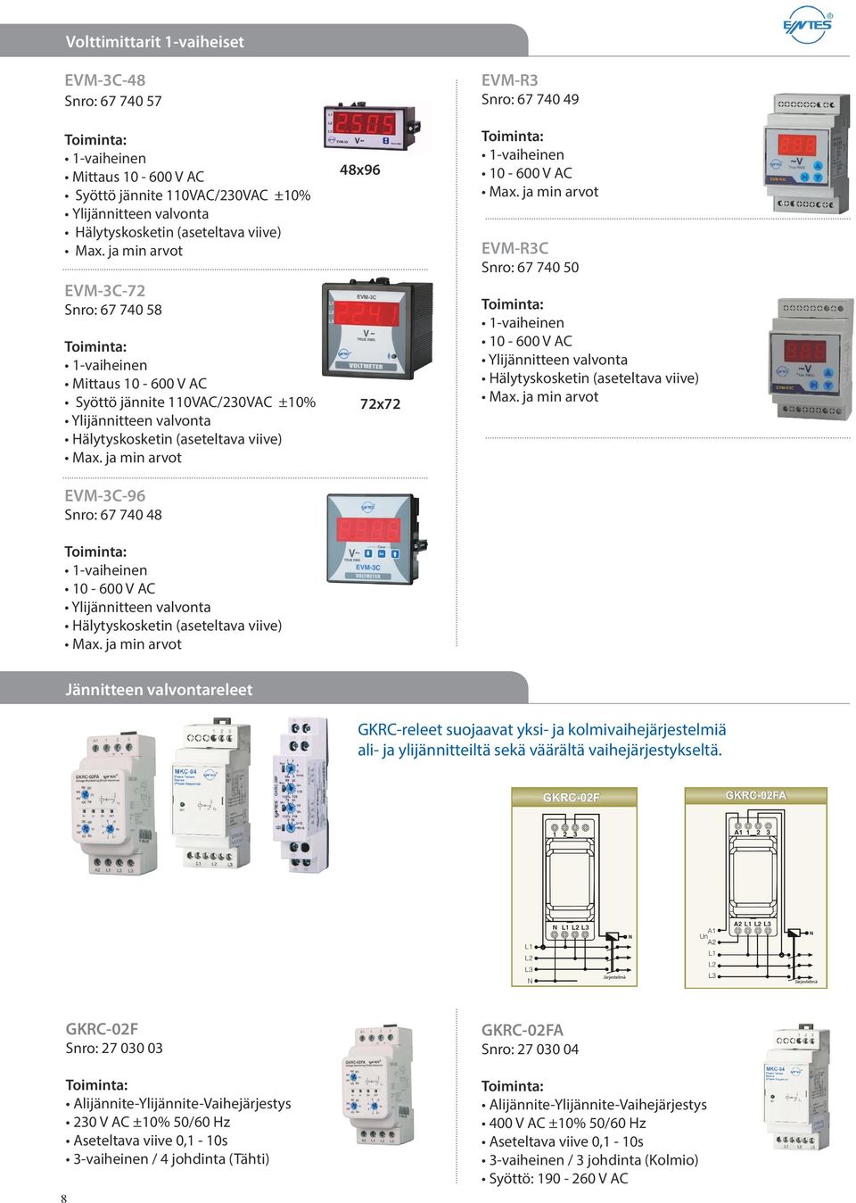 ja min arvot EVM-3C-96 Snro: 67 740 48 10-600 V AC Ylijännitteen valvonta Hälytyskosketin (aseteltava viive) Max. ja min arvot 48x96 72x72 EVM-R3 Snro: 67 740 49 10-600 V AC Max.