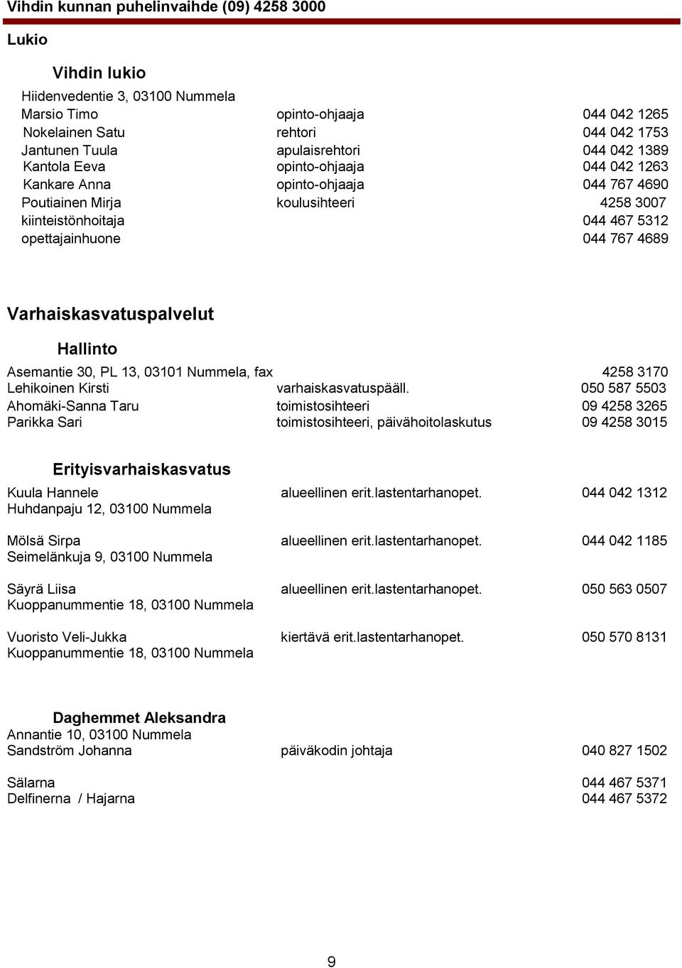 30, PL 13, 03101 Nummela, fax 4258 3170 Lehikoinen Kirsti varhaiskasvatuspääll.