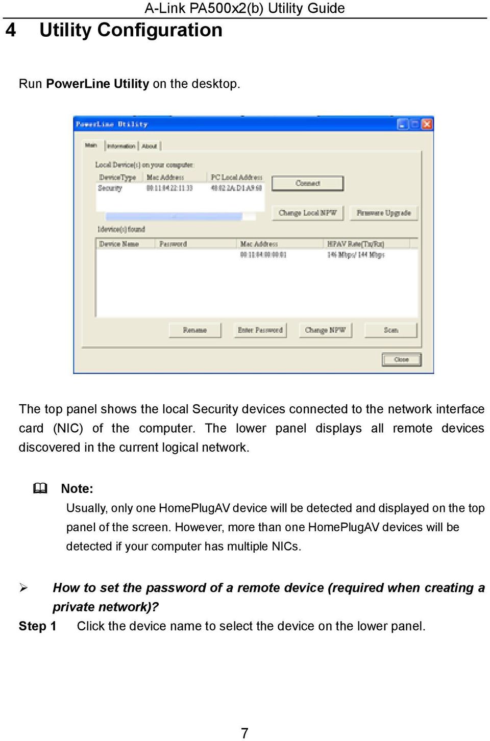 The lower panel displays all remote devices discovered in the current logical network.