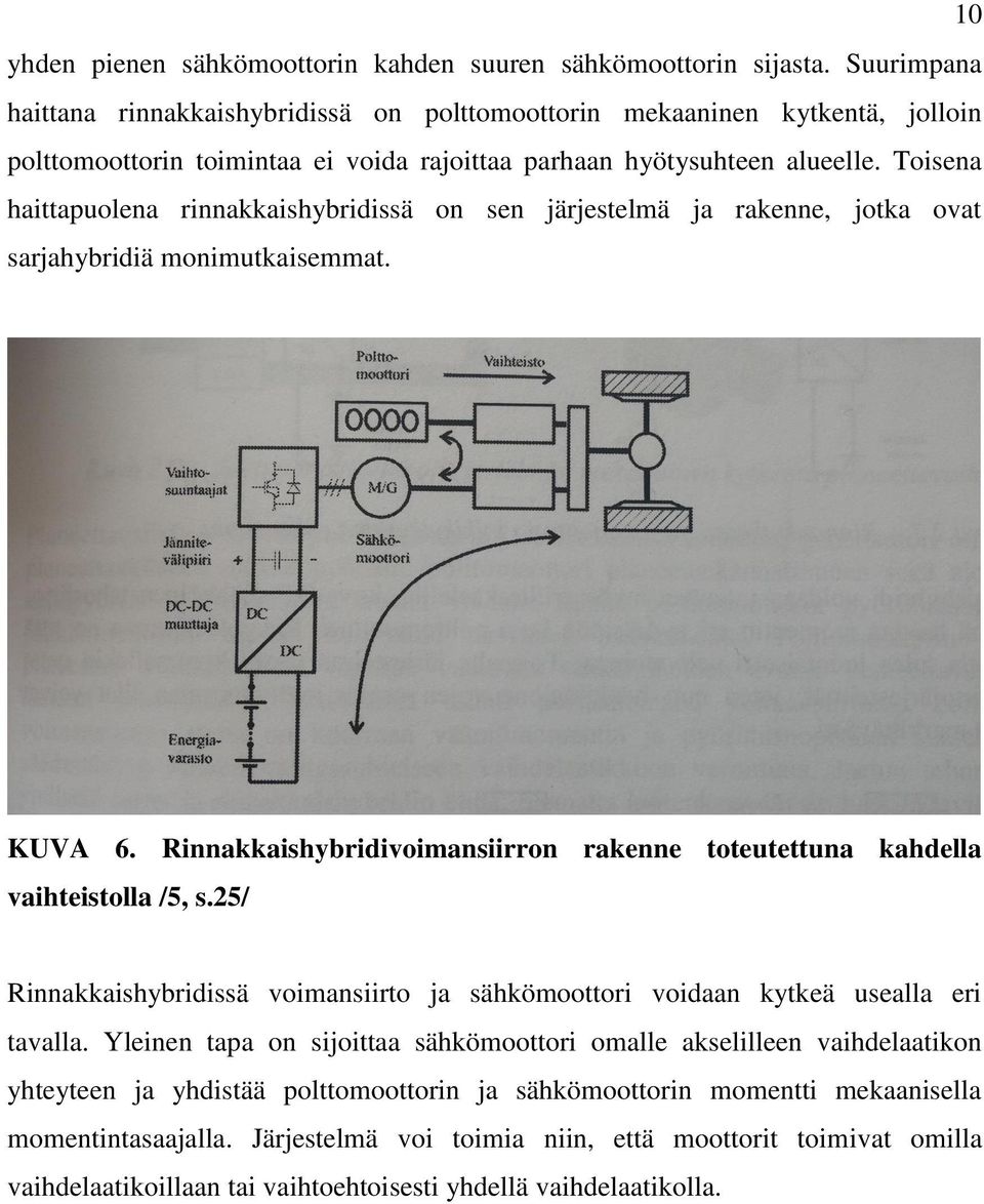 Toisena haittapuolena rinnakkaishybridissä on sen järjestelmä ja rakenne, jotka ovat sarjahybridiä monimutkaisemmat. KUVA 6.