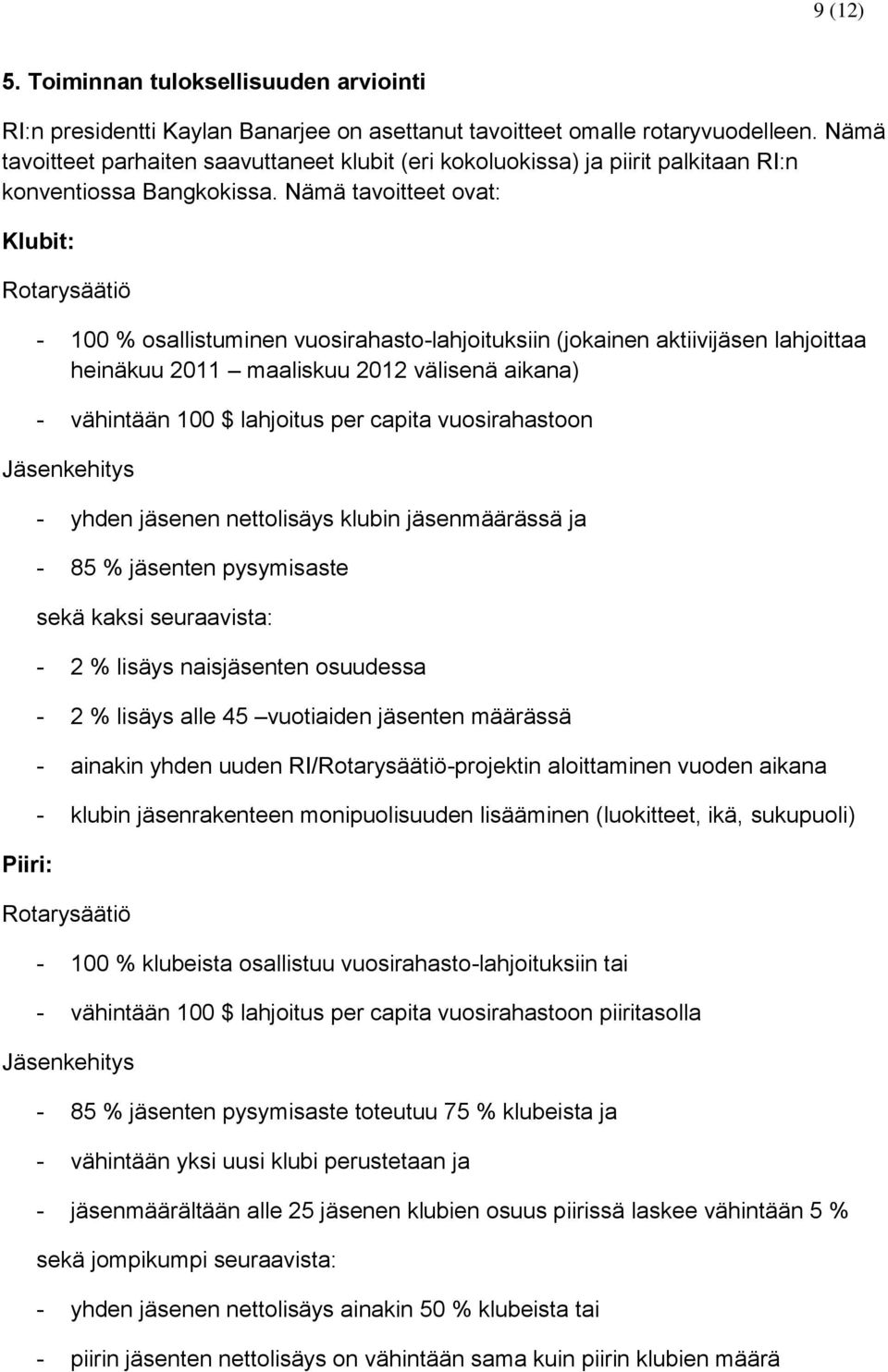 Nämä tavoitteet ovat: Klubit: Rotarysäätiö - 100 % osallistuminen vuosirahasto-lahjoituksiin (jokainen aktiivijäsen lahjoittaa heinäkuu 2011 maaliskuu 2012 välisenä aikana) - vähintään 100 $