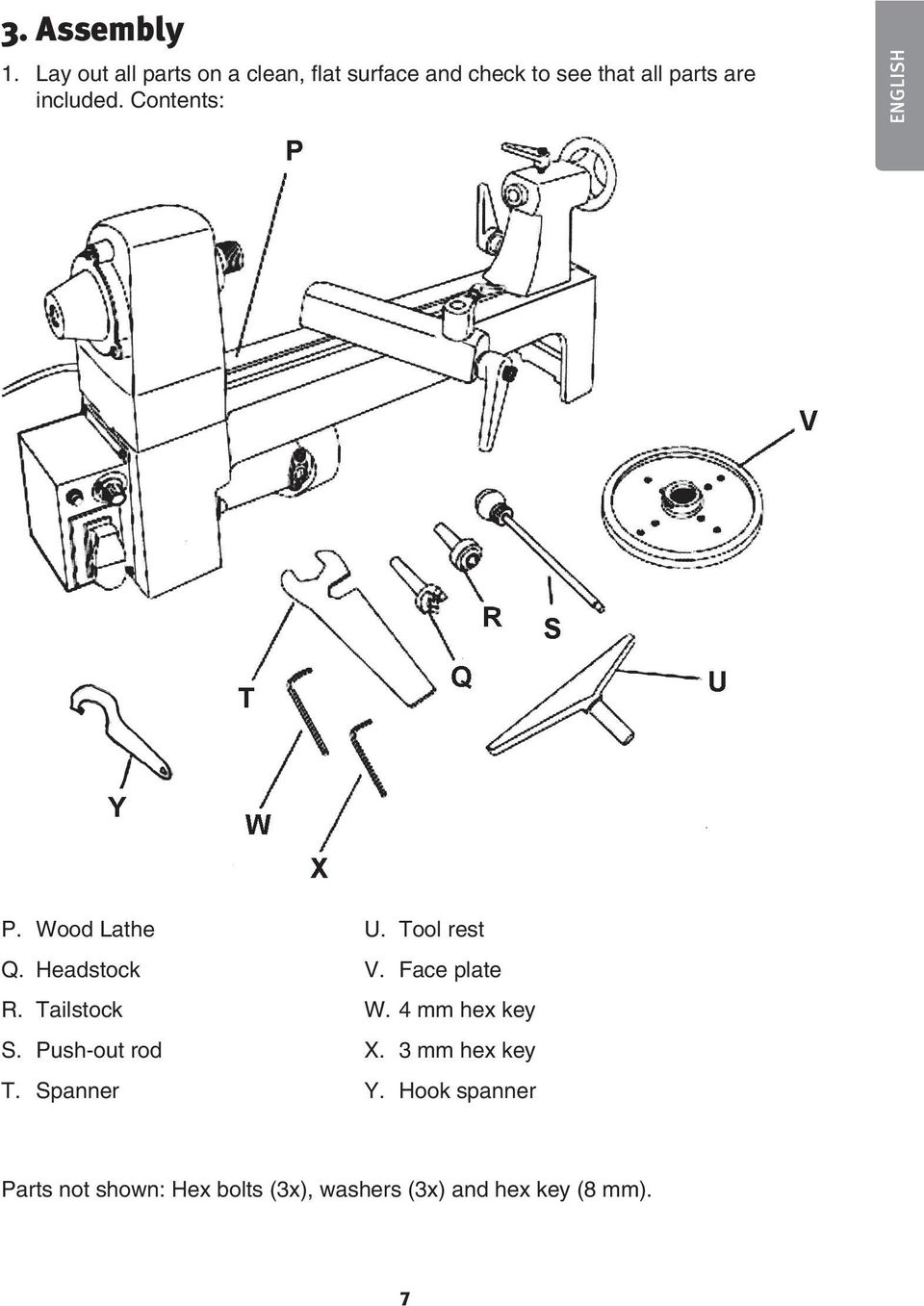 included. Contents: ENGLISH P. Wood Lathe Q. Headstock R. Tailstock S.