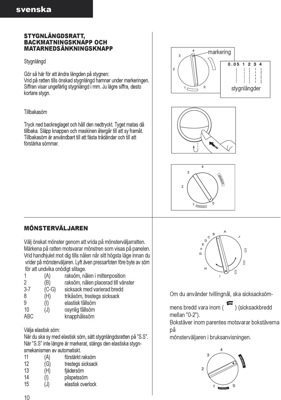 Släpp knappen och maskinen återgår till att sy framåt. Tillbakasöm är användbart till att fästa trådändar och till att förstärka sömmar.