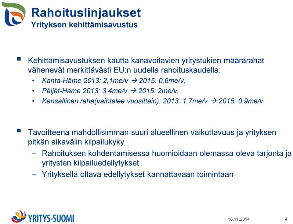 vuosittain): 2013: 1,7me/v 2015: 0,9me/v Tavoitteena mahdollisimman suuri alueellinen vaikuttavuus ja yrityksen pitkän aikavälin kilpailukyky