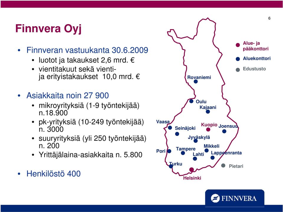 Rovaniemi Alue- ja pääkonttori 6 Aluekonttori Edustusto Asiakkaita noin 27 900 mikroyrityksiä (1-9 työntekijää) n.18.