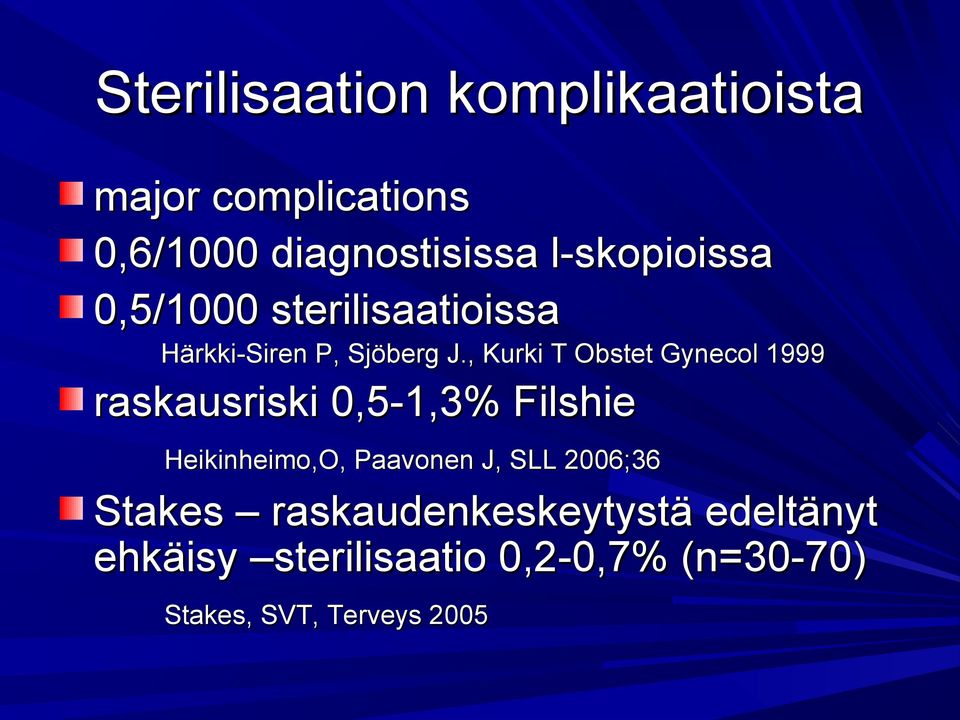 , Kurki T Obstet Gynecol 1999 raskausriski 0,5-1,3% Filshie Heikinheimo,O, Paavonen J,