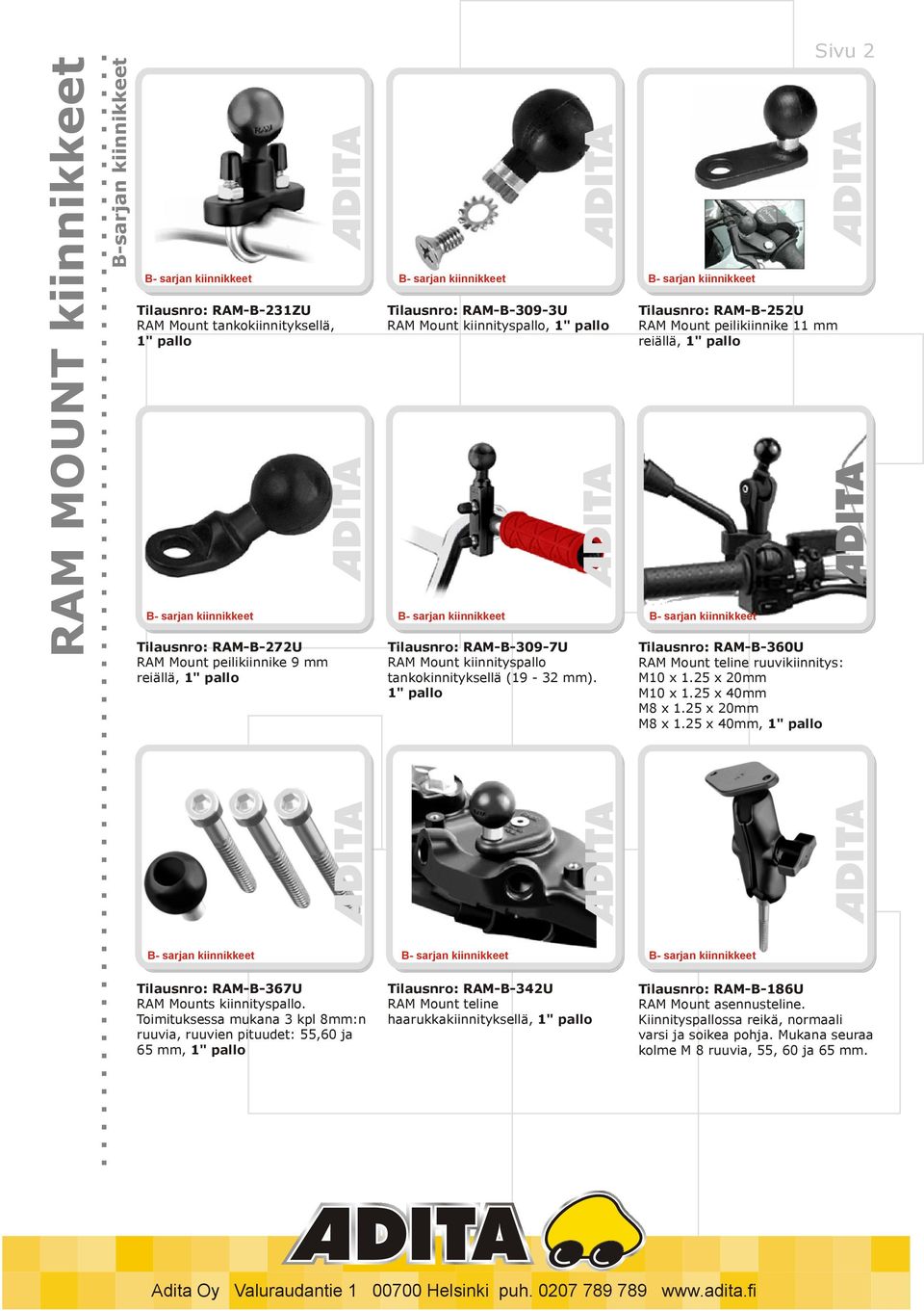 25 x 20mm M10 x 1.25 x 40mm M8 x 1.25 x 20mm M8 x 1.25 x 40mm, Tilausnro: RAM-B-367U RAM Mounts kiinnityspallo.