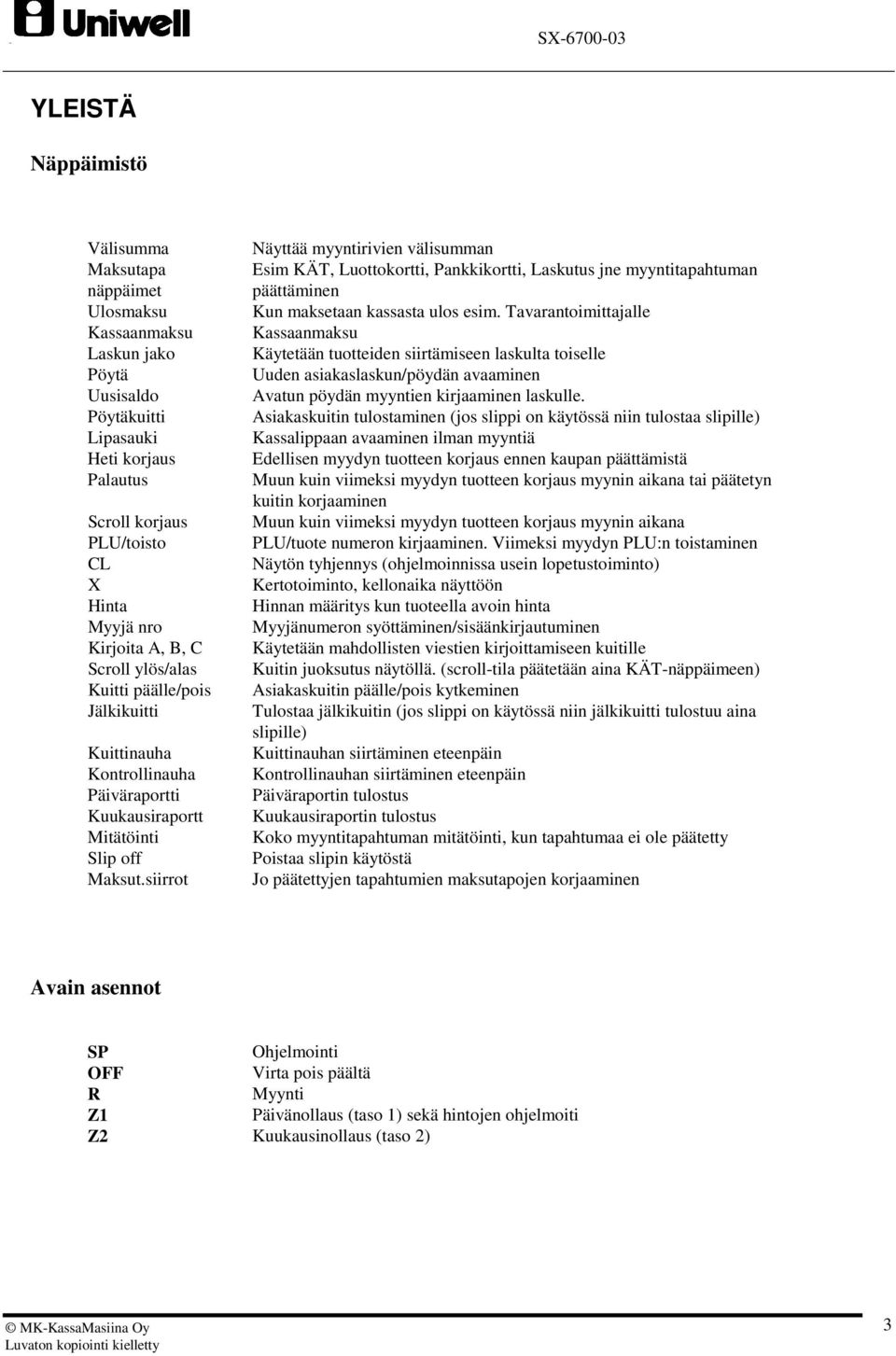siirrot Näyttää myyntirivien välisumman Esim KÄT, Luottokortti, Pankkikortti, Laskutus jne myyntitapahtuman päättäminen Kun maksetaan kassasta ulos esim.