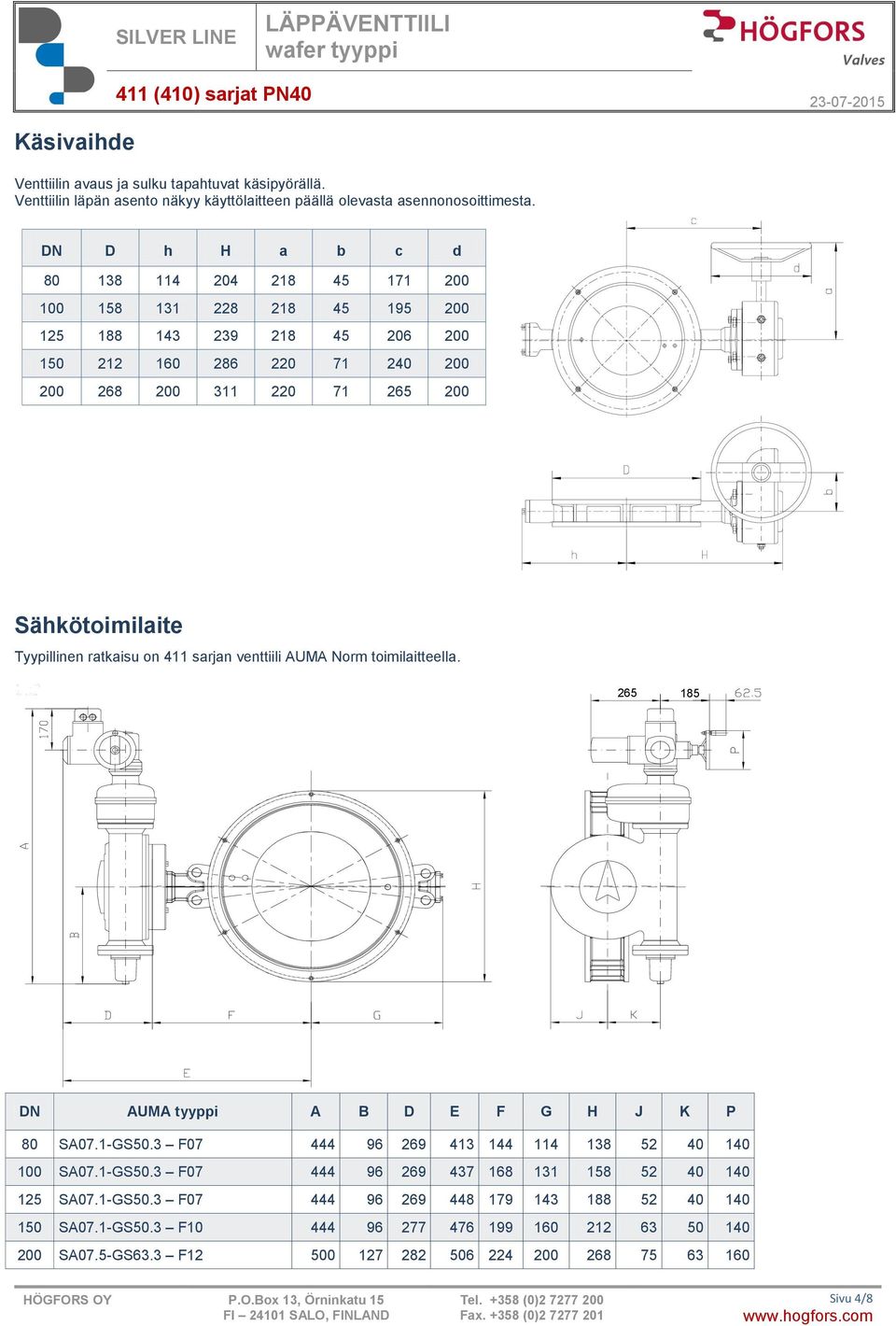 Tyypillinen ratkaisu on 411 sarjan venttiili AUMA Norm toimilaitteella. 265 185 DN AUMA tyyppi A B D E F G H J K P 80 SA07.1-GS50.3 F07 444 96 269 413 144 114 138 52 40 140 100 SA07.
