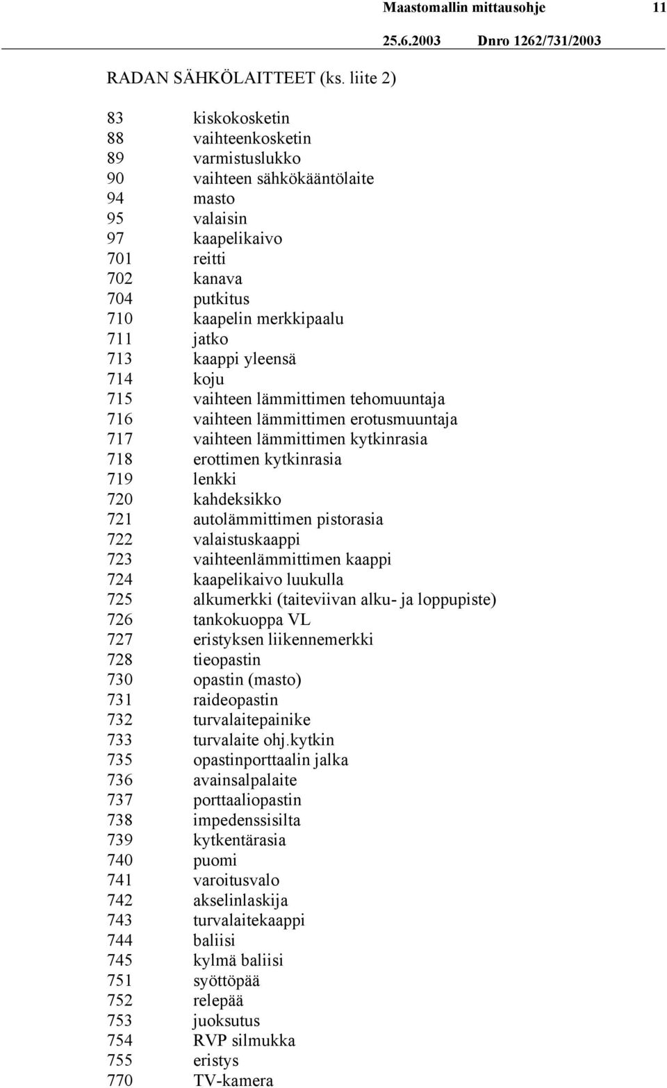 merkkipaalu 711 jatko 713 kaappi yleensä 714 koju 715 vaihteen lämmittimen tehomuuntaja 716 vaihteen lämmittimen erotusmuuntaja 717 vaihteen lämmittimen kytkinrasia 718 erottimen kytkinrasia 719