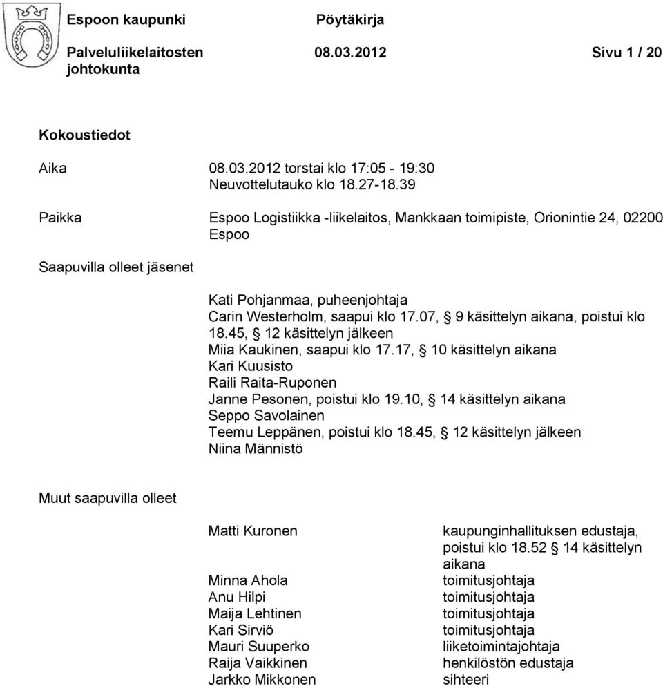 07, 9 käsittelyn aikana, poistui klo 18.45, 12 käsittelyn jälkeen Miia Kaukinen, saapui klo 17.17, 10 käsittelyn aikana Kari Kuusisto Raili Raita-Ruponen Janne Pesonen, poistui klo 19.