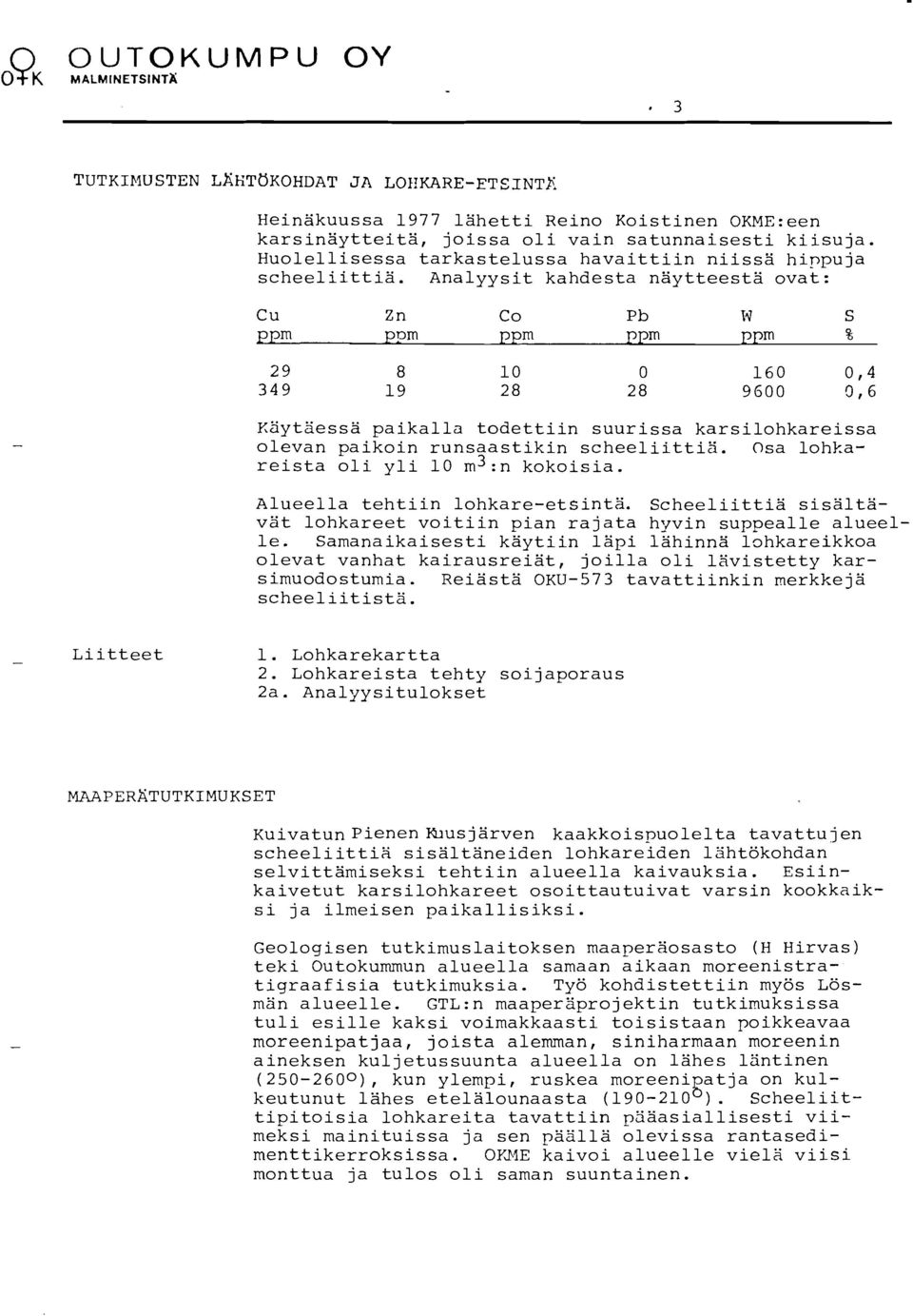 Analyysit kahdesta näytteestä ovat: Cu ppm Zn ppm Co ppm Pb ppm l'i1 ppm S % 29 349 8 10 19 28 o 28 160 9600 0,4 0,6 Ktiytäessä paikalla todettiin suurissa karsilohkareissa olevan paikoin