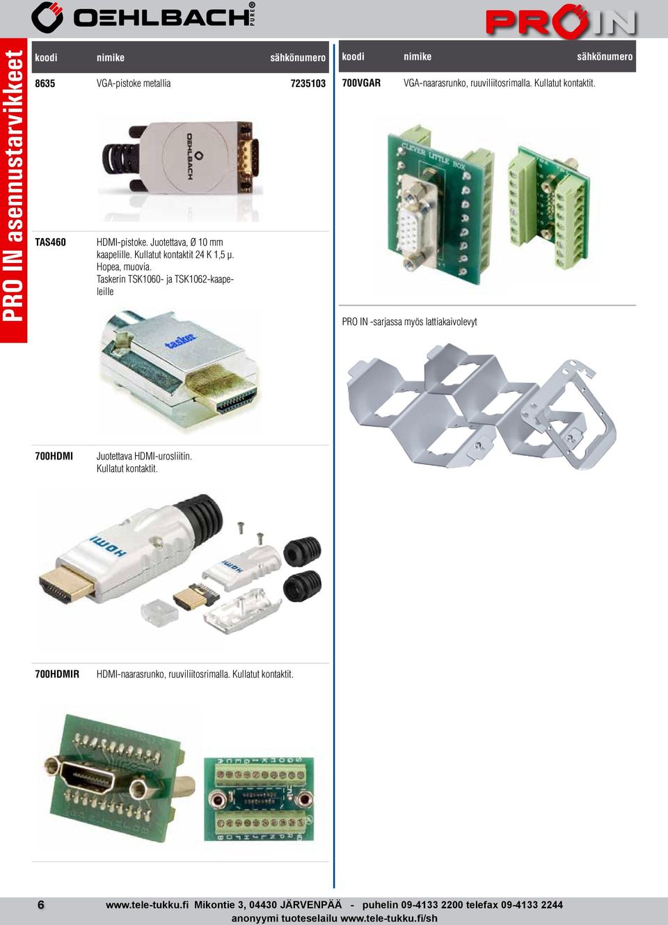 PRO IN -sarjassa myös lattiakaivolevyt 700HDMI Juotettava HDMI-urosliitin. Kullatut kontaktit.