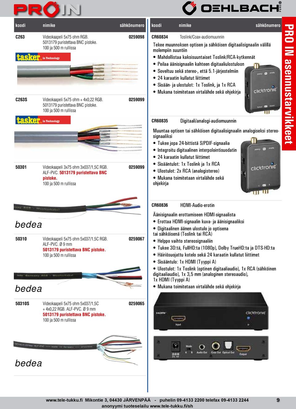 100 ja 500 m rullissa 0259098 0259099 0259099 CR60834 Toslink/Coax-audiomuunnin Tekee muunnoksen optisen ja sähköisen digitaalisignaalin välillä molempiin suuntiin Mahdollistaa kaksisuuntaiset