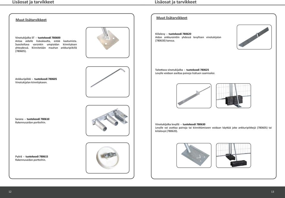 Kiilalevy - tuotekoodi 780620 Aidan ankkurointiin yhdessä levyllisen vinotukijalan (780630) kanssa. Taitettava vinotukijalka - tuotekoodi 780625 Levylle voidaan asettaa painoja lisätuen saamiseksi.
