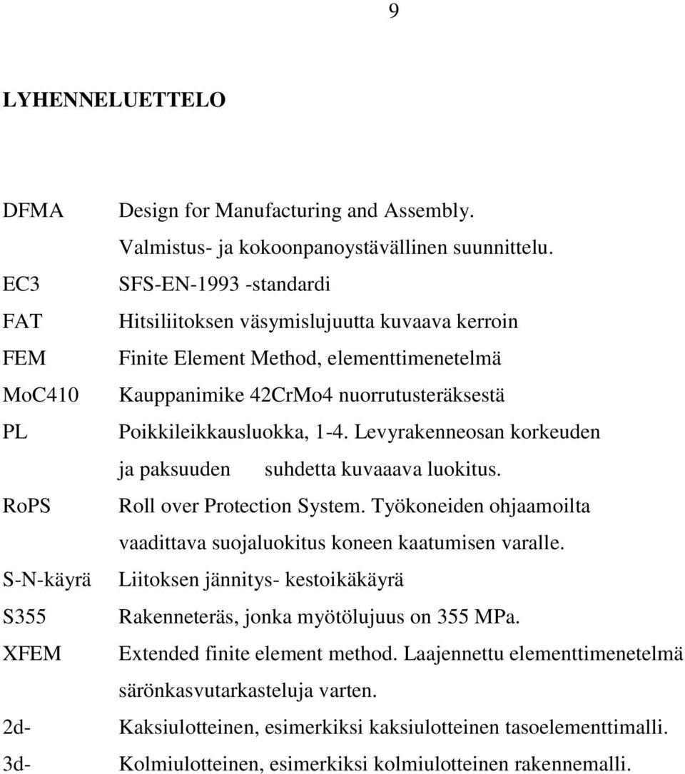 1-4. Levyrakenneosan korkeuden ja paksuuden suhdetta kuvaaava luokitus. RoPS Roll over Protection System. Työkoneiden ohjaamoilta vaadittava suojaluokitus koneen kaatumisen varalle.