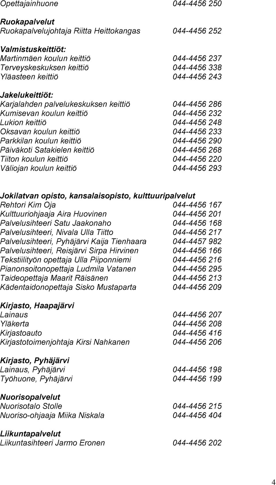 Parkkilan koulun keittiö 044-4456 290 Päiväkoti Satakielen keittiö 044-4456 268 Tiiton koulun keittiö 044-4456 220 Väliojan koulun keittiö 044-4456 293 Jokilatvan opisto, kansalaisopisto,