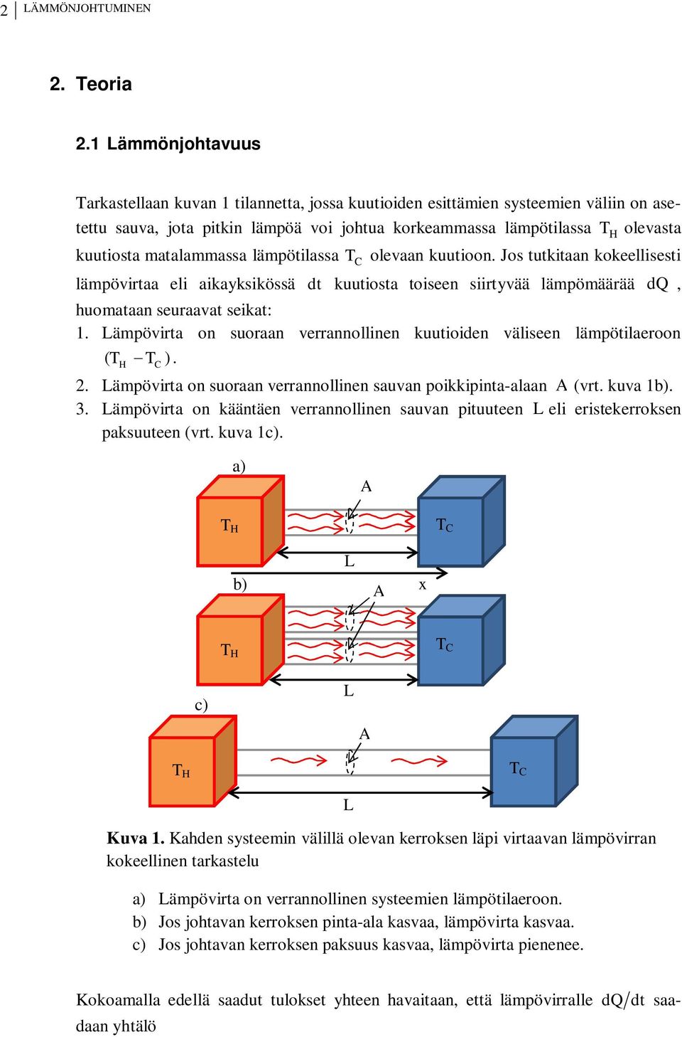 matalammassa lämpötilassa T C olevaan kuutioon. Jos tutkitaan kokeellisesti lämpövirtaa eli aikayksikössä dt kuutiosta toiseen siirtyvää lämpömäärää dq, huomataan seuraavat seikat: 1.