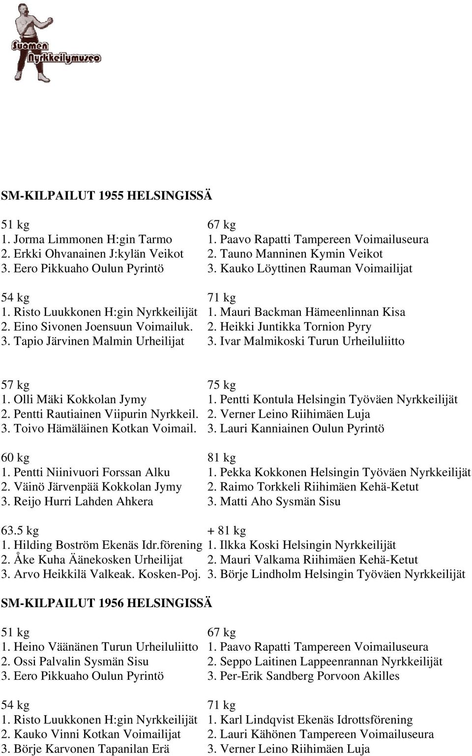 Tapio Järvinen Malmin Urheilijat 3. Ivar Malmikoski Turun Urheiluliitto 1. Olli Mäki Kokkolan Jymy 1. Pentti Kontula Helsingin Työväen Nyrkkeilijät 2. Pentti Rautiainen Viipurin Nyrkkeil. 2. Verner Leino Riihimäen Luja 3.