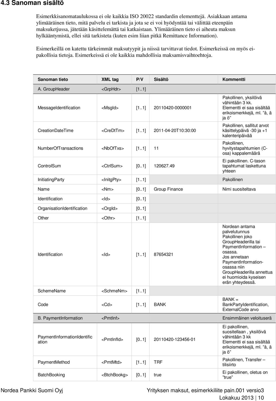 Ylimääräinen tieto ei aiheuta maksun hylkääntymistä, ellei sitä tarkisteta (kuten esim liian pitkä Remittance Information). Esimerkeillä on katettu tärkeimmät maksutyypit ja niissä tarvittavat tiedot.