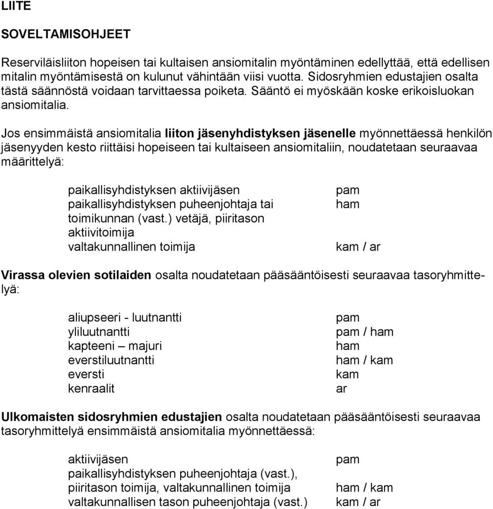 Jos ensimmäistä ansiomitalia liiton jäsenyhdistyksen jäsenelle myönnettäessä henkilön jäsenyyden kesto riittäisi hopeiseen tai kultaiseen ansiomitaliin, noudatetaan seuraavaa määrittelyä: