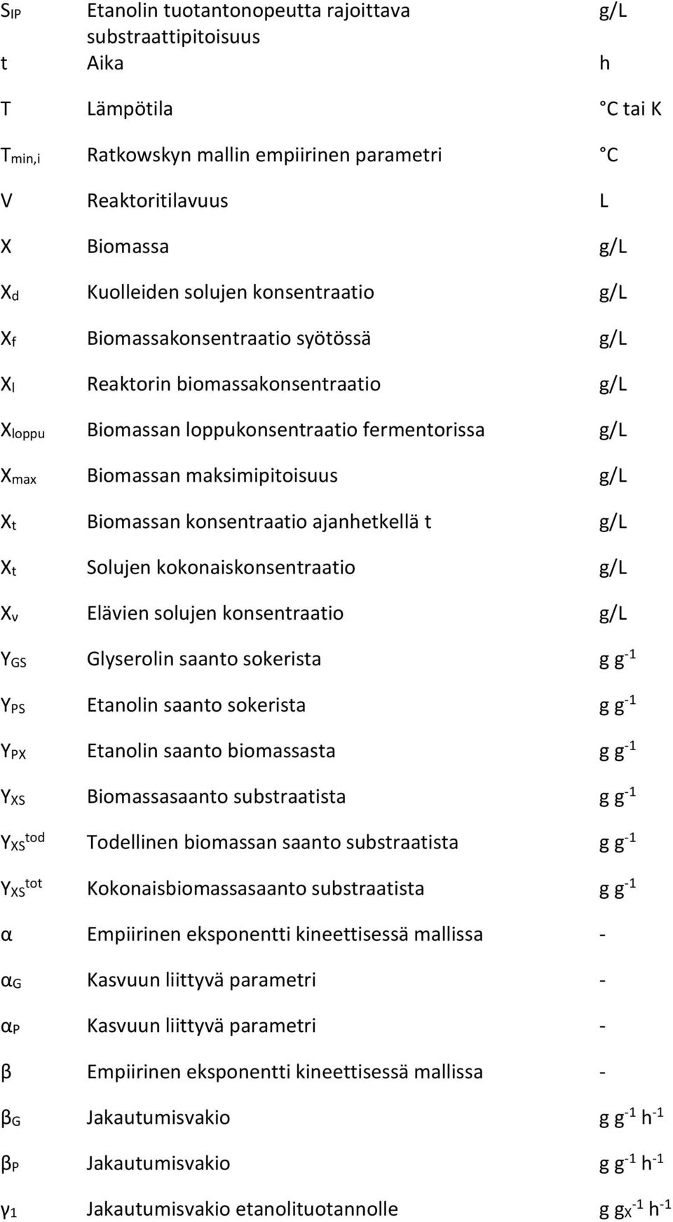 konsentraatio ajanhetkellä t g/l Xt olujen kokonaiskonsentraatio g/l Xν Elävien solujen konsentraatio g/l YG Glyserolin saanto sokerista g g -1 YP Etanolin saanto sokerista g g -1 YPX Etanolin saanto