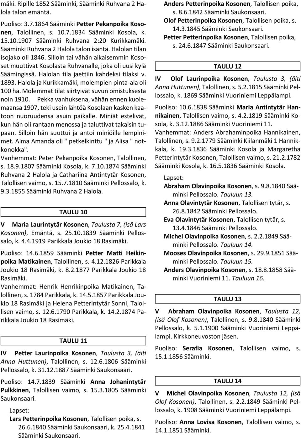 Halolan tila jaettiin kahdeksi tilaksi v. 1893. Halola ja Kurikkamäki, molempien pinta-ala oli 100 ha. Molemmat tilat siirtyivät suvun omistuksesta noin 1910.