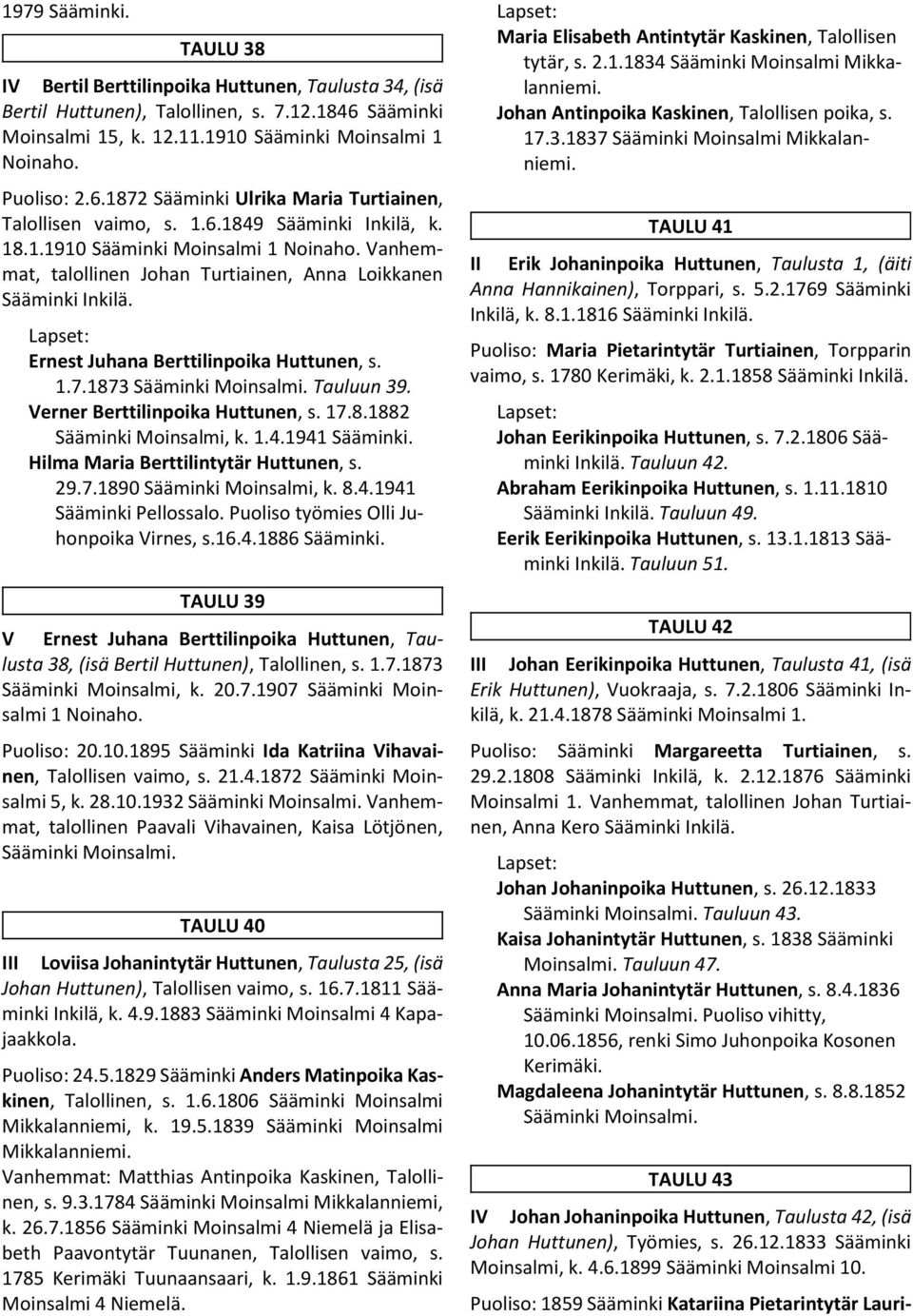 1873 Sääminki Moinsalmi. Tauluun 39. Verner Berttilinpoika Huttunen, s. 17.8.1882 Sääminki Moinsalmi, k. 1.4.1941 Sääminki. Hilma Maria Berttilintytär Huttunen, s. 29.7.1890 Sääminki Moinsalmi, k. 8.