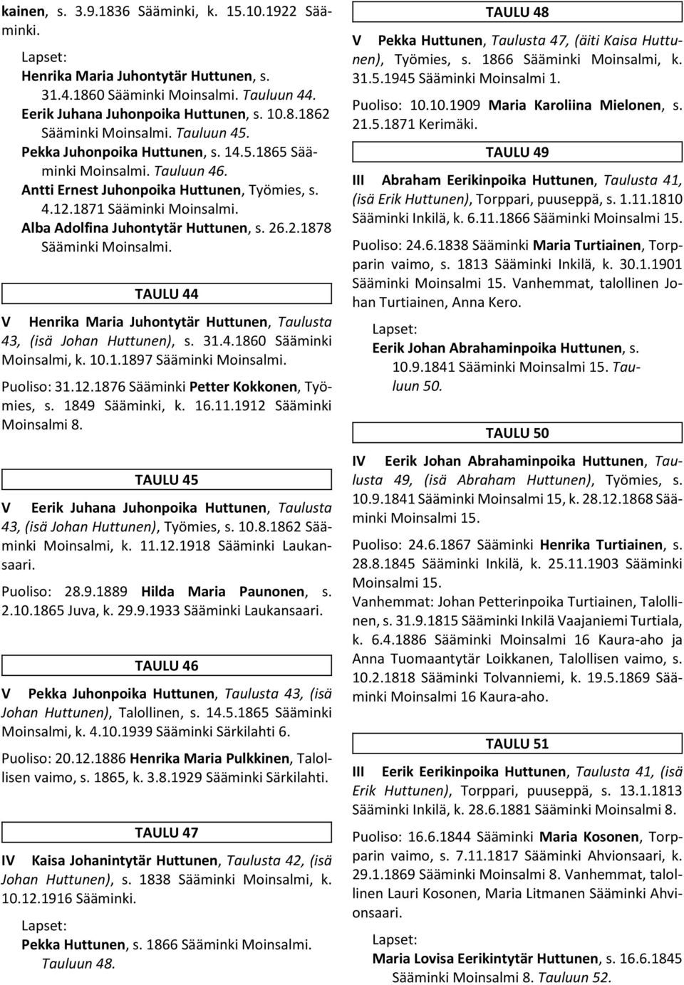 26.2.1878 Sääminki Moinsalmi. TAULU 44 V Henrika Maria Juhontytär Huttunen, Taulusta 43, (isä Johan Huttunen), s. 31.4.1860 Sääminki Moinsalmi, k. 10.1.1897 Sääminki Moinsalmi. Puoliso: 31.12.