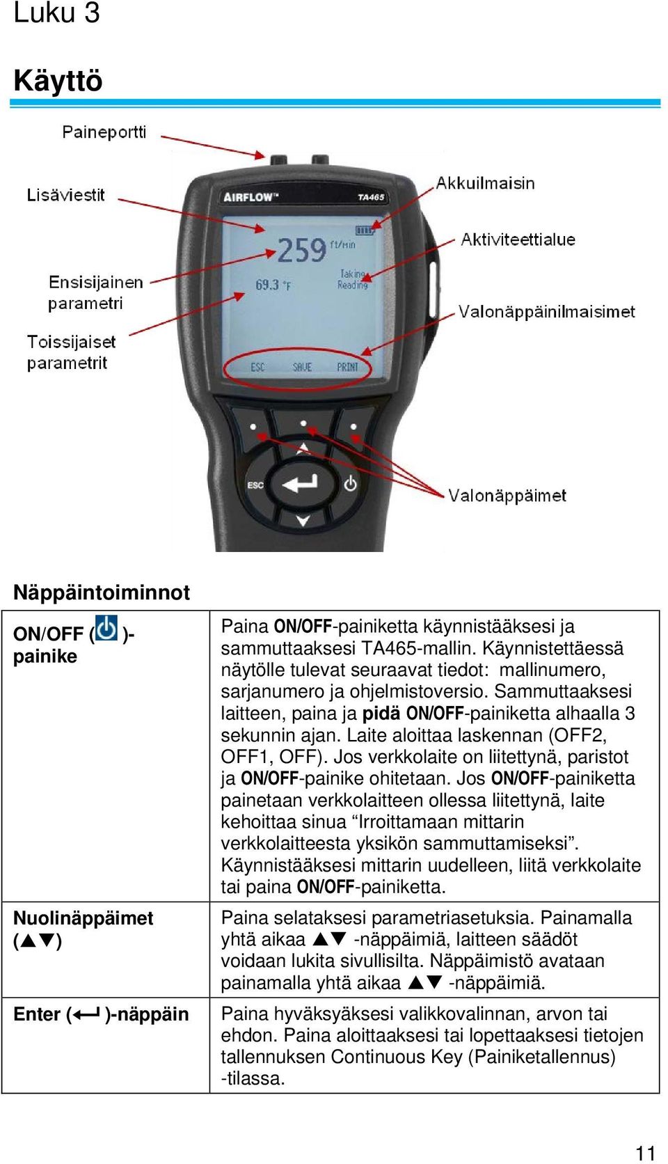 Laite aloittaa laskennan (OFF2, OFF1, OFF). Jos verkkolaite on liitettynä, paristot ja ON/OFF-painike ohitetaan.