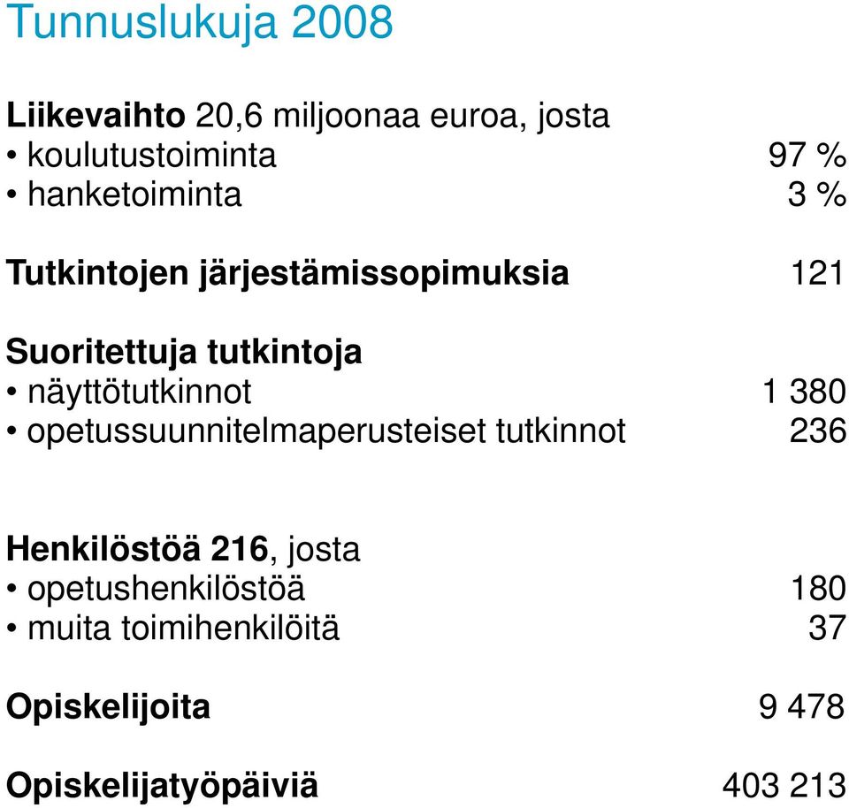 näyttötutkinnot 1 380 opetussuunnitelmaperusteiset tutkinnot 236 Henkilöstöä 216,