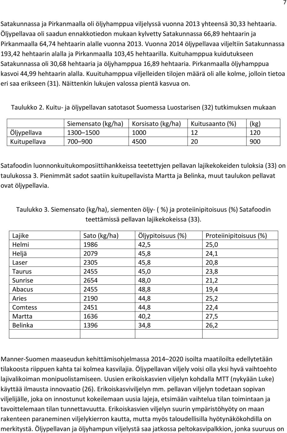 Vuonna 2014 öljypellavaa viljeltiin Satakunnassa 193,42 hehtaarin alalla ja Pirkanmaalla 103,45 hehtaarilla. Kuituhamppua kuidutukseen Satakunnassa oli 30,68 hehtaaria ja öljyhamppua 16,89 hehtaaria.