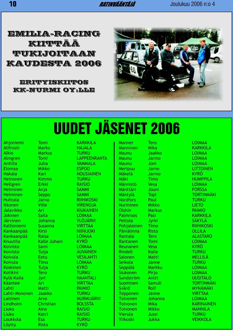 Heinonen Kimmo TURKU Mäki Timo HUMPPILA Hellgren Erkki RAISIO Männistö Vesa LOIMAA Helminen Anja SAMMI Mänttäri Jouni FORSSA Helminen Seppo SAMMI Mäntylä Topi TORTINMÄKI Huhtala Jarno RIIHIKOSKI