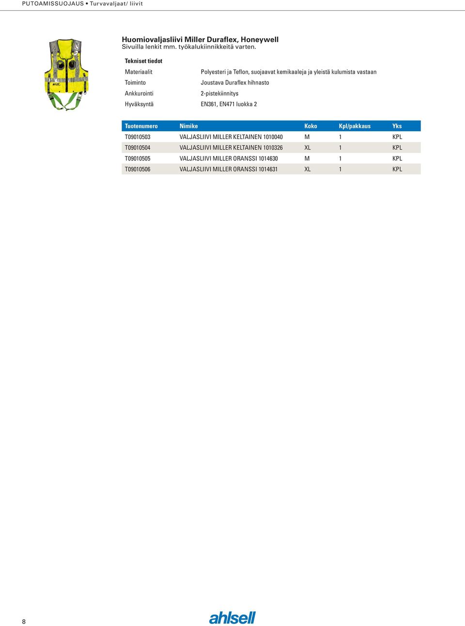 Duraflex hihnasto 2-pistekiinnitys EN361, EN471 luokka 2 Tuotenumero Nimike Koko Kpl/pakkaus Yks T09010503 VALJASLIIVI MILLER KELTAINEN 1010040 M 1