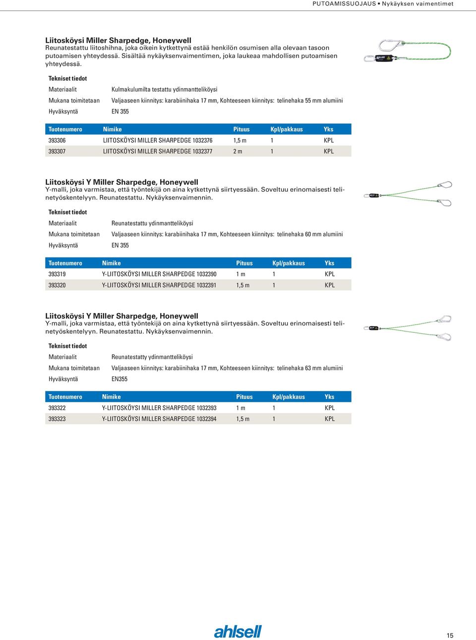 EN 355 Kulmakulumilta testattu ydinmantteliköysi Valjaaseen kiinnitys: karabiinihaka 17 mm, Kohteeseen kiinnitys: telinehaka 55 mm alumiini Tuotenumero Nimike Kpl/pakkaus Yks 393306 LIITOSKÖYSI