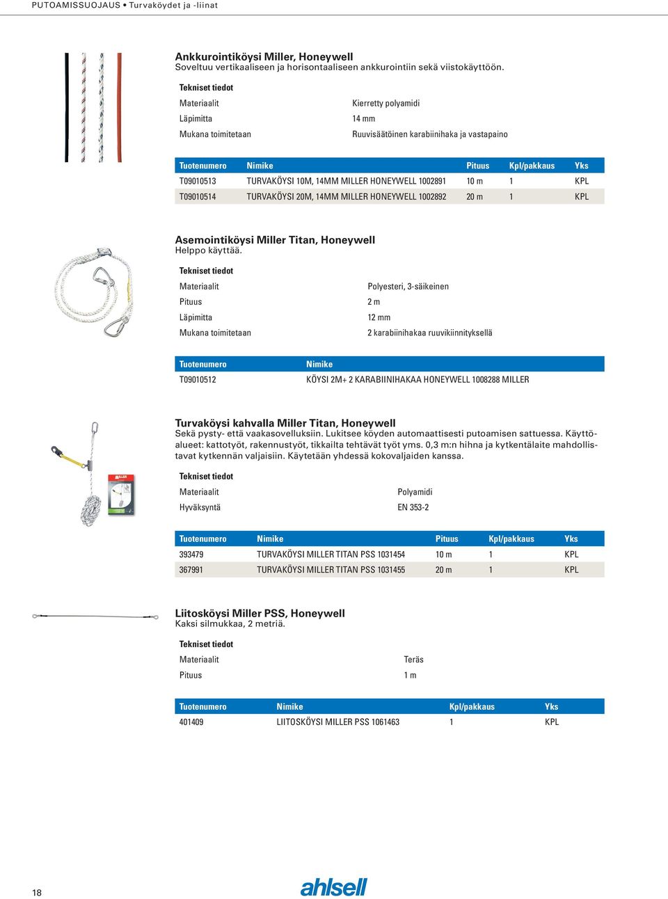 1002891 10 m 1 KPL T09010514 TURVAKÖYSI 20M, 14MM MILLER HONEYWELL 1002892 20 m 1 KPL Asemointiköysi Miller Titan, Honeywell Helppo käyttää.