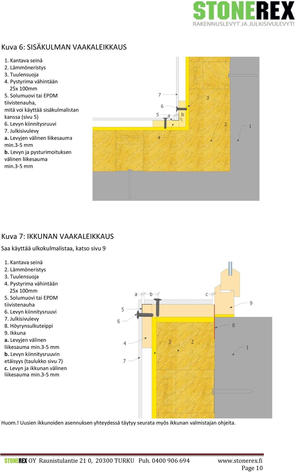 Pystyrima vähintään 25x 100mm 5. Solumuovi tai EPDM tiivistenauha 6. Levyn kiinnitysruuvi 7. Julkisivulevy 8. Höyrynsulkuteippi 9. Ikkuna a. Levyjen välinen liikesauma min.3-5 mm b.