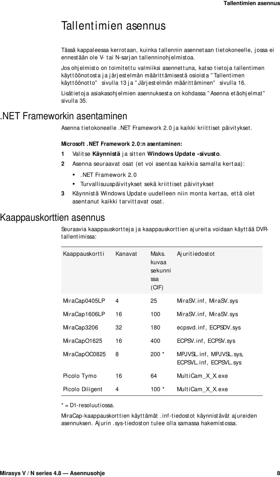 sivulla 16. Lisätietoja asiakasohjelmien asennuksesta on kohdassa Asenna etäohjelmat sivulla 35..NET Frameworkin asentaminen Kaappauskorttien asennus Asenna tietokoneelle.net Framework 2.